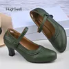 Retro Grün Leder Mary Jane Pumps Frau Vintage Rüschen Design Cut Out Kleid Zapatos Damen Marke Design Derby Schuhe Plus Größe