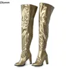 OLOMM 2025, Damen-Winter-Oberschenkelstiefel, klobige Absätze, seitlicher Reißverschluss, runde Zehen, wunderschöne Silber-Gold-Cosplay-Schuhe für Damen, US-Größe 5–20