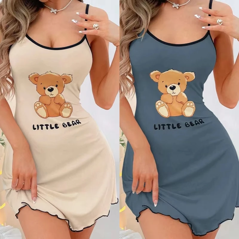 Damen-Nachthemd mit süßem kleinen Bären-Aufdruck, Cami-Nachthemd, Spaghettiträger, Schlafkleid, Mini-Salat-Saum, Kontrastbesatz, Loungewear im Y2K-Stil Image