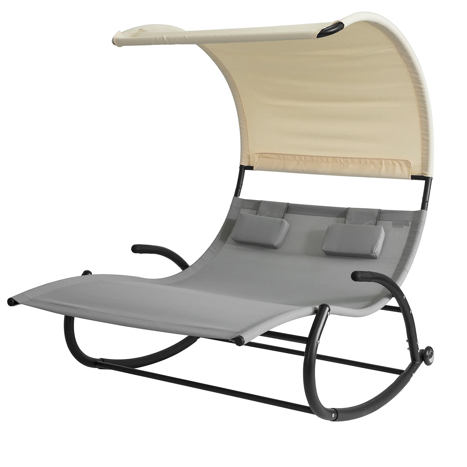 SoBuy OGS50-HG Schaukelliege 2 Personen ergonomische Bäderliege mit Dach und 2 Kopfstützen mit Rollen für Garten, Terrasse