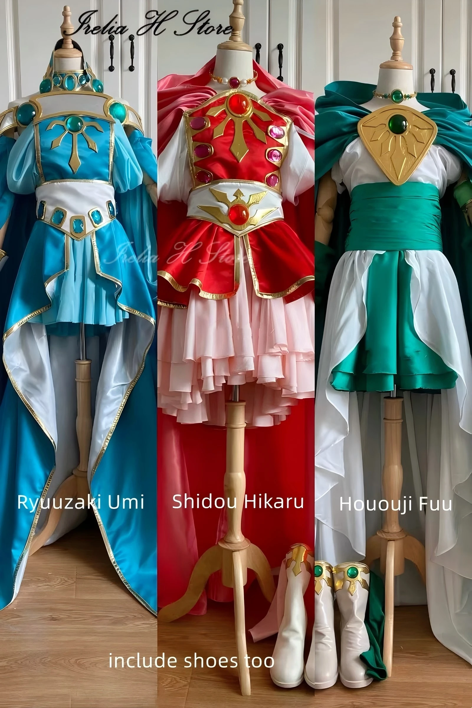 Irelia H Maßgeschneiderte Größe M Anime Magic Knight Rayearth Shidou Hikaru Ryuuzaki Umi Hououji Fuu Cosplay Kostüm Kleid weiblich