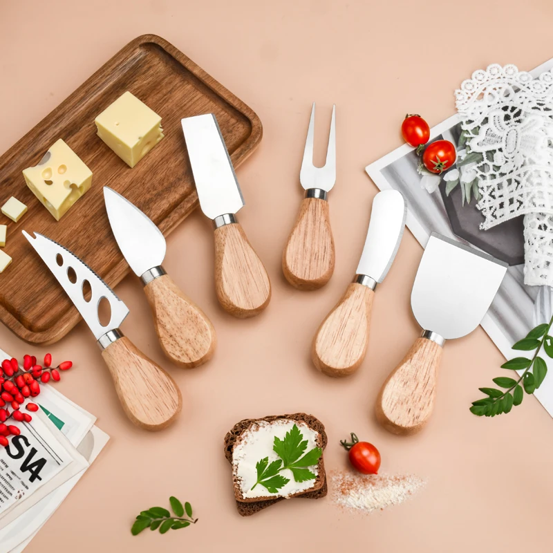 Mini-Käsemesser-Set mit Holzgriff – Butter- und Marmeladenstreuer aus Edelstahl, kleiner Käseschneider und Gabel Image