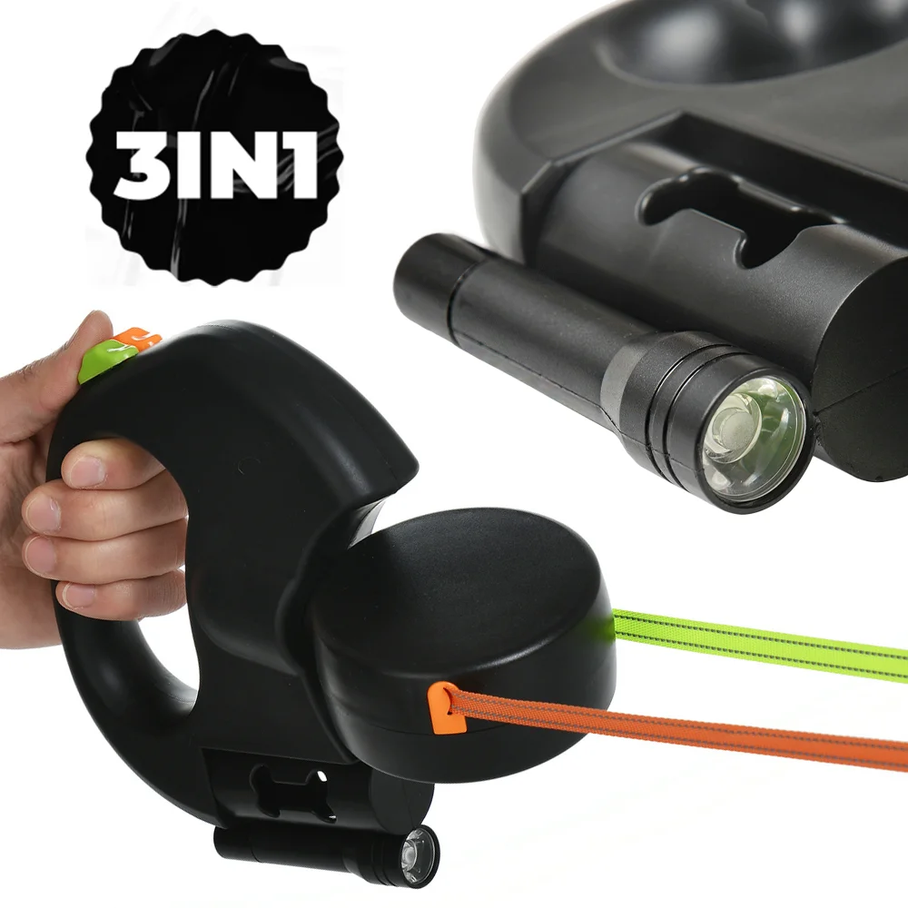 3in1 Doppelkopf-Hundeleine, große kleine Hunde, Taschenlampe, doppeltes reflektierendes Haustier-Leine-Seil, automatisches ausziehbares Zugseil für große Hunde Image