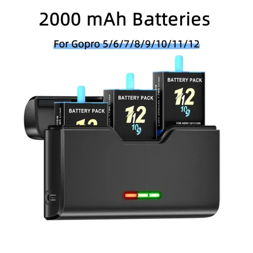 Batteria fotografica nera da 2000 mAh per GoPro Hero 5 GoPro Hero 6 GoPro Hero 7 GoPro Hero 8 GoPro Hero 9 GoPro Hero 10 GoPro Hero11/12