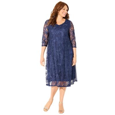 Plus Size Women's A-Line Embroidered Midi Dress by Catherines in Navy (Size 6X)