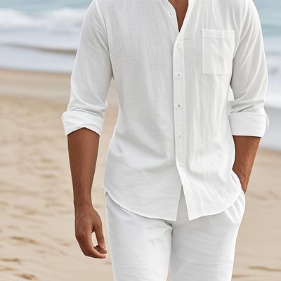 TEMU American Men's Hawaiian Style Linen Breathable Set, Henley Neck Casual Long Sleeve Shirt With Beachy Amiika 5-pocket Shorts Image