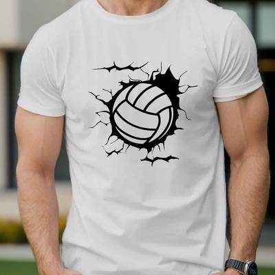 TEMU Men's Volleyball Graphic Tee - Casual Short Sleeve T-shirt, Breathable Polyester, Summer Fashion Top, Volleyball Clothes Image