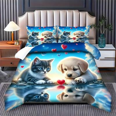 TEMU 2/3pcs Set Cozy Cute Cat And Puppy Duo Theme Pattern Bedding Set, Duvet Cover With Zipper Design, Machine Washable 1 Duvet Cover +1/2 Pillowcases, Image