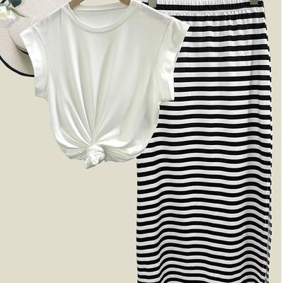 TEMU Women's Casual Striped Midi Skirt And White T-shirt Set - Spring/summer Collection, Crew Neck, Side Slit, Polyester, Multi-piece Suit A44+a62, Casual Attire|striped Skirt|polyester Fabric Image