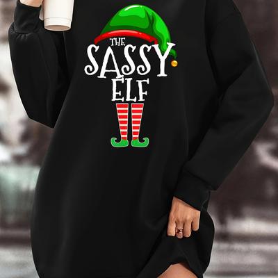 TEMU Women's Christmas Themed Fleece Sweatshirt Dress, Polyester Crew Neck Long Sleeve Knee High Loose , With Sassy Elf Graphic, For Fall/winter Image