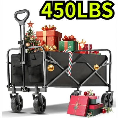 Heavy-Duty All-Terrain Folding Wagon Cart,Camping, Grocery Shopping, Garden & Sports (Black), Large Foldable Wagon