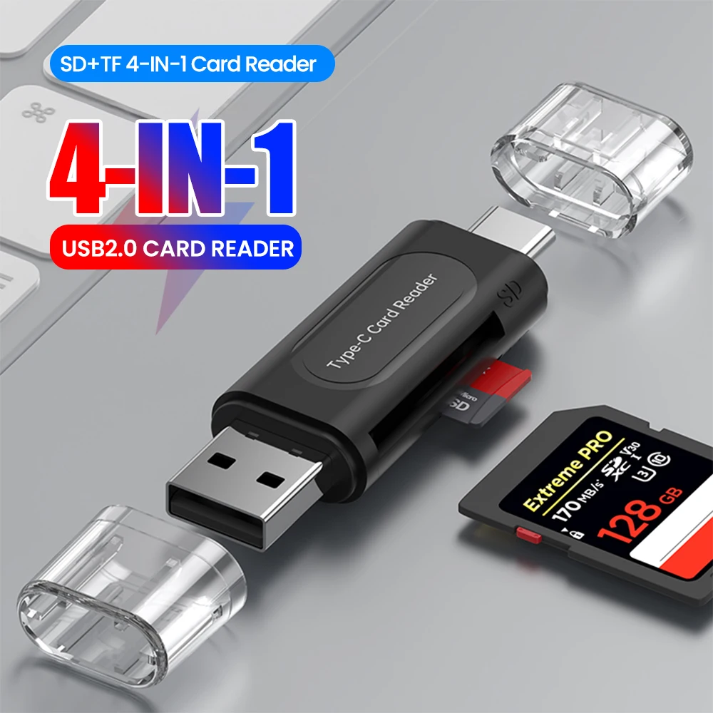 4-in-1-Multifunktions-USB-TYPE-C-Kartenleser, externer Speicher, schwarzer Stretch für Memory Stick USB 2.0 Mini SD TF-Kartenleser Image