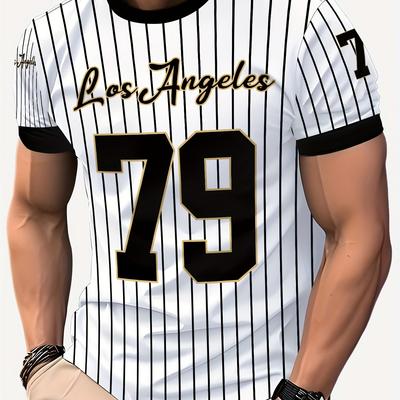 TEMU Los Angeles '79' Graphic Print Round Neck T-shirt - Knitted - Breathable Polyester 100% - Suitable For Sports And Outdoor Casual Wear Image