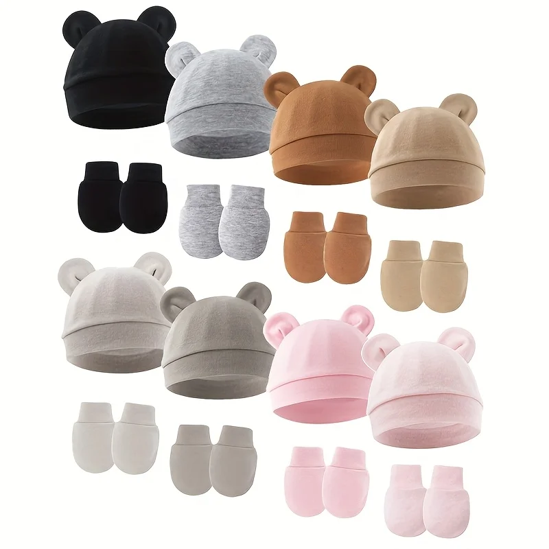 6-teiliges Babymützen-Set, einfarbig, Ohrenwärmer, Wickelmütze für Neugeborene, kratzfeste Fäustlinge Image