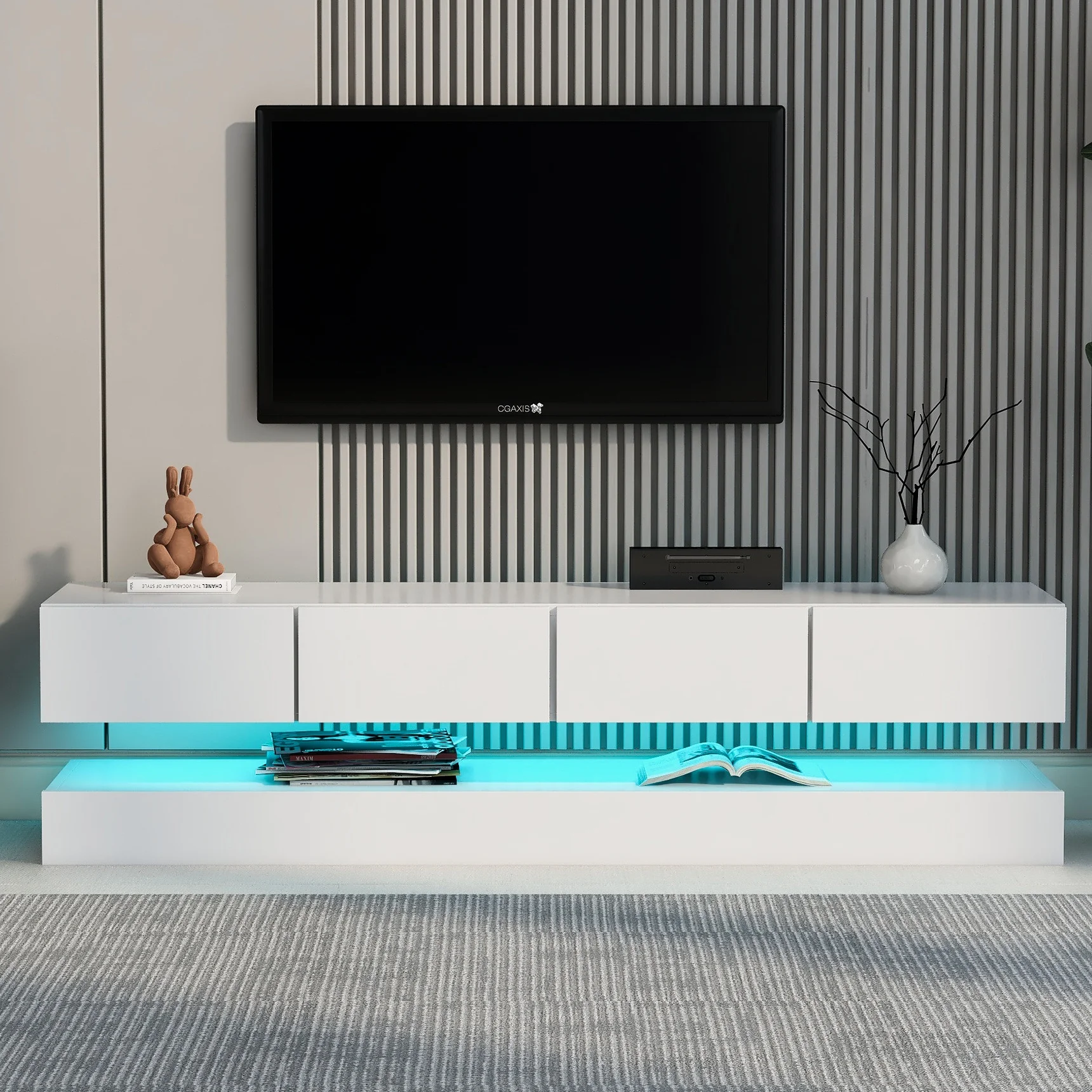 Wandmontierter TV-Schrank,TV-Ständer, TV-Möbel mit 2 Schränken und 4 großen Schubladen, 16-farbige LED-Beleuchtung Image