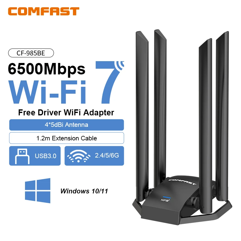 COMFAST WiFi 7 BE6500 Adattatore USB 2.4G/5.8G/6G USB 3.0 WIFI Ad alto guadagno 4 Antenna Scheda di rete Driver-Free per PC/Laptop Win10/11