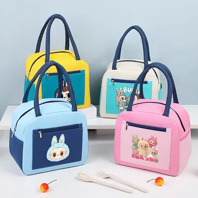 Labubu Lunchtasche, Cartoon-Druck, tragbar, Picknick, Bento-Pack, niedlich, für Mädchen, Jungen, Image