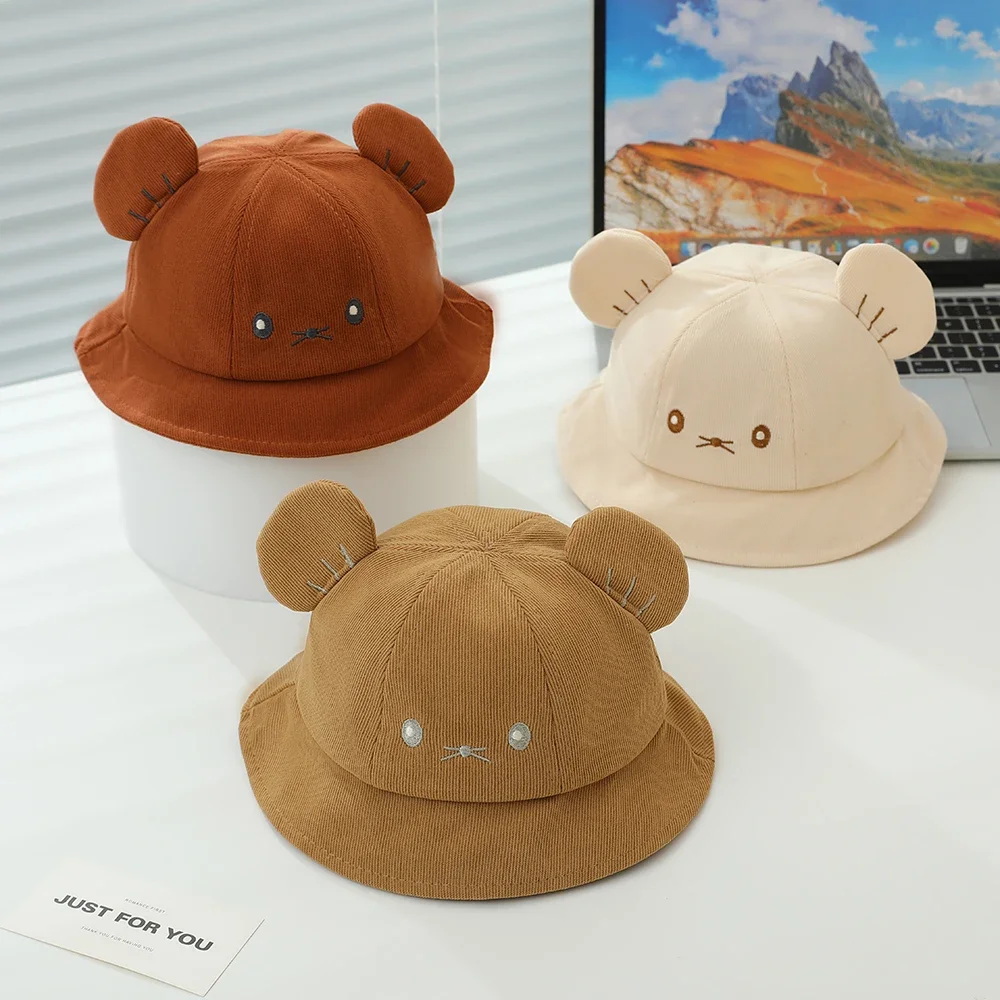 Niedlicher Baby-Eimerhut mit Ohren, Cord-Fischerhut für Kleinkinder, einfarbig, für Jungen und Mädchen, Sonnenschutz-Beckenkappe Image