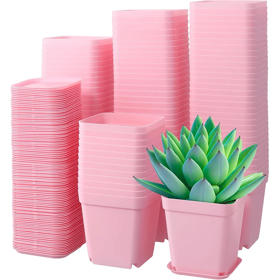 6/12 Stück 7 cm rosa quadratische Blumentöpfe aus Kunststoff mit Tablett, Kindergartentopf für saftige Büro-Desktop-Gartenarbeit, Balkon-Dekoration Image