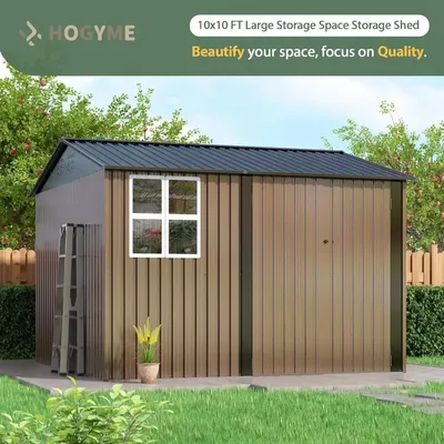 ad 10x10 FT Outdoor Storage Shed, Large Metal Garden Shed with Lockable Doors, Tool Sheds for