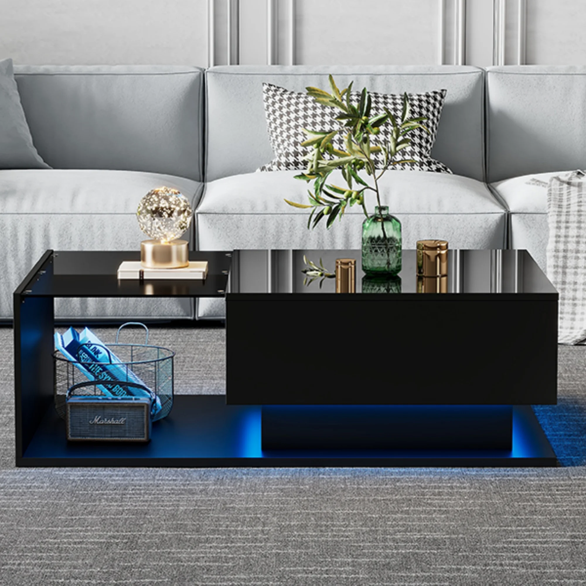 Hochglanz schwarzer Couchtisch 100x50x32 cm - mit Glasplatte und Schubladen, kratzfest, mit 1 Schublade, mit LED-Beleuchtung,