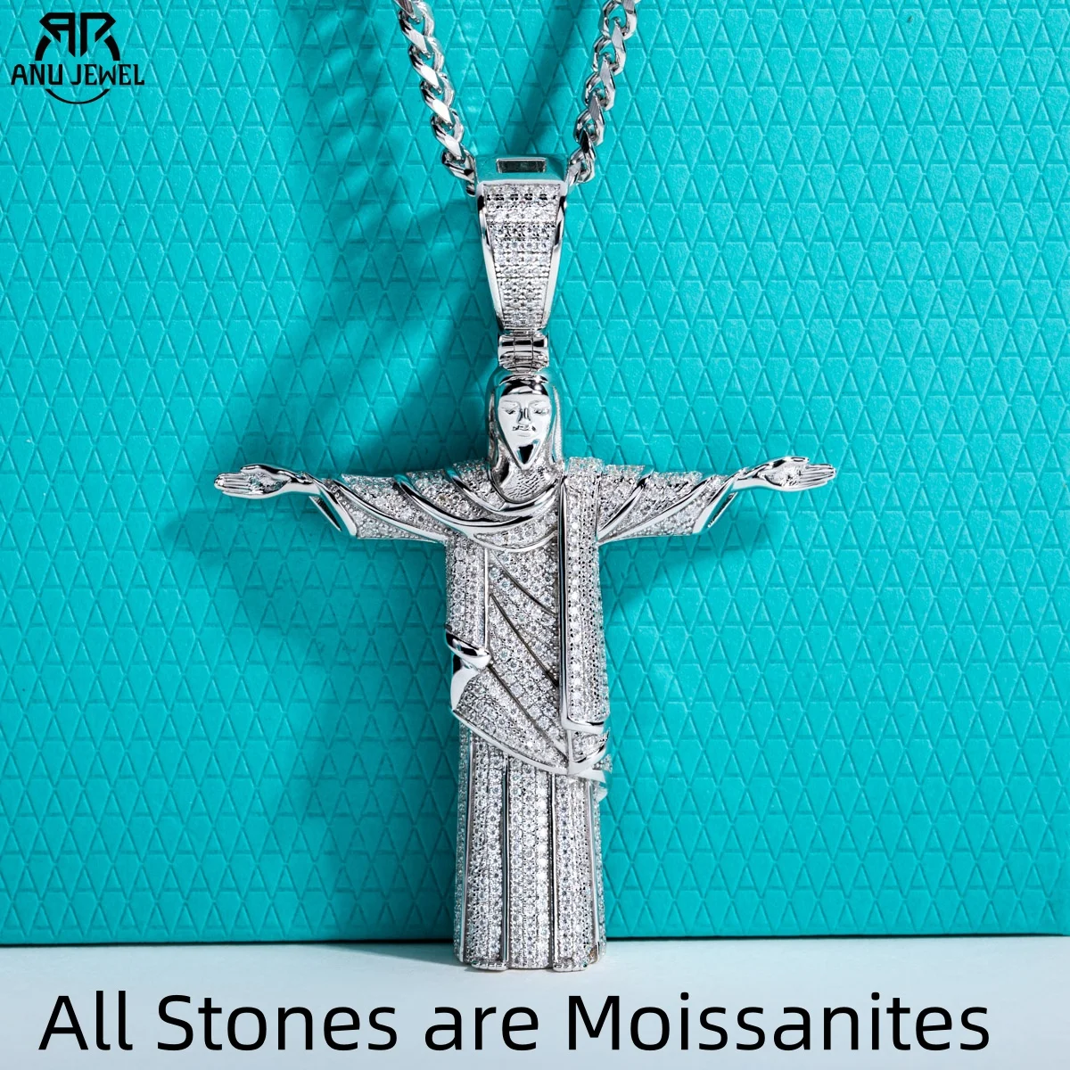 AnuJewel Moissanit Jesus Anhänger Hip Hop Halskette 925 Sterling Silber Rock New Age Schlüsselanhänger 60 cm Heavy Metal Schmuck für Männer Image