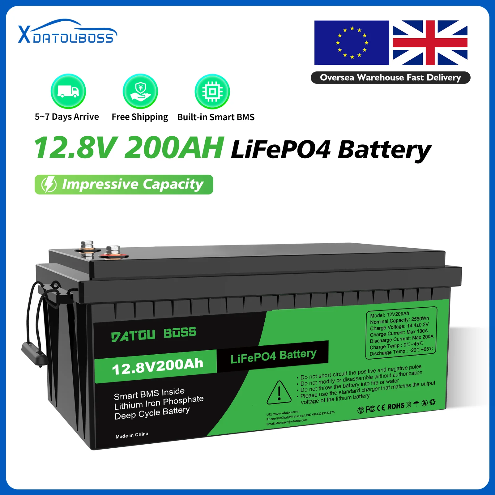 Datouboss Lifepo4-Batterie, 12 V, 200 Ah, Verwendung für Wechselrichter-Unterstützungsserie, paralleles BMS-System, lokale Lagerlieferung, Lithium-Eisen Image