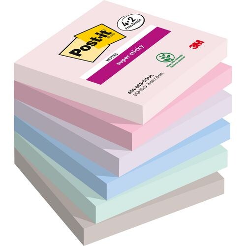 Post-it Soulful Super Sticky Haftnotizen 76 x 76 mm Farbig sortiert Quadratisch Blanko 90 Blatt Vorteilspackung 4 + 2 Image