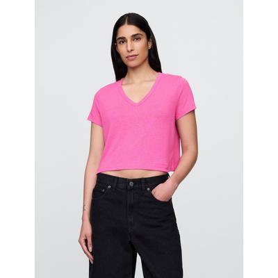 Gap Pink Linen-Blend Cropped V Neck T-Shirt