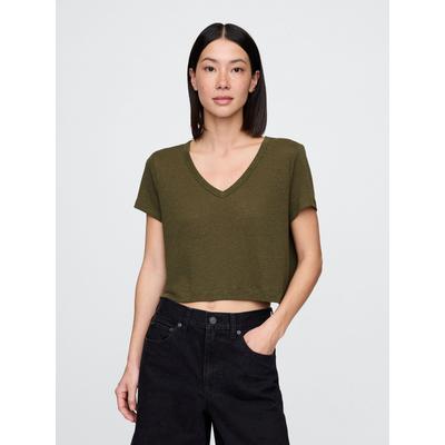Gap Khaki Green Linen-Blend Cropped V Neck T-Shirt