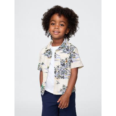 Gap Neutral Print Brannan Bear Linen-Cotton Short Sleeve Shirt (6mths-5yrs)