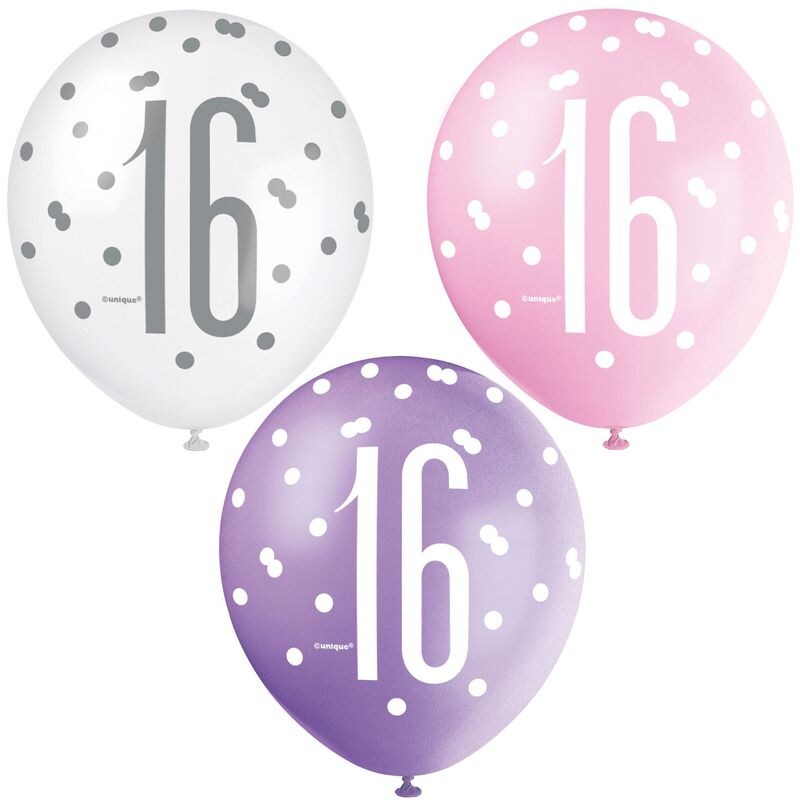6 Luftballons rosa & silber Zahl 16 Image