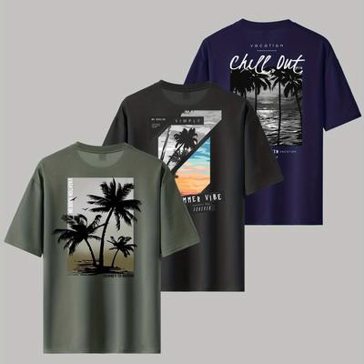 TEMU Stylish Loose Round Neck T-shirt, Three-pack Short Sleeve Set For Your Summer Wardrobe, Casual Everyday Printed Tee As A Surprise Gift Image