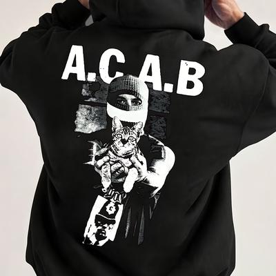 TEMU Men's Casual Graphic Print Hoodie - Black Loose Fit Streetwear With , Adjustable Drawstring Hood, Machine Washable , Trendy Casualwear, Comfortable Fabric Image