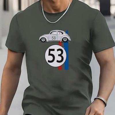 TEMU 1pc Men's Summer Casual Short Sleeve T-shirt With Vintage Car And Number Print, Round Neck, Polyester Knit Fabric, Regular Fit For Adults Image