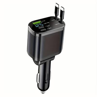 TEMU Annjiatuu Retractable Car Charger - Multi-functional With Dual Extension Cables & 2 Type-c + 1 Usb Ports, Voltage Display, For 12-24v Vehicles, Black, Without Battery Image