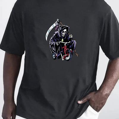 TEMU Funny Biking Skull Pattern Men's T-shirt For Summer Outdoor, Trendy Men's Halloween Crew Neck Tops Image