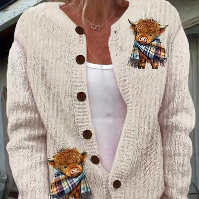 TEMU 3d Printed Cows Sweater Cardigan - Beige Knit Pullover With Cow & Scarf Design, Polyester, Button-up, Wear, , Casual Wear | Print Top | Knit Construction, Sweater Cardigan Image