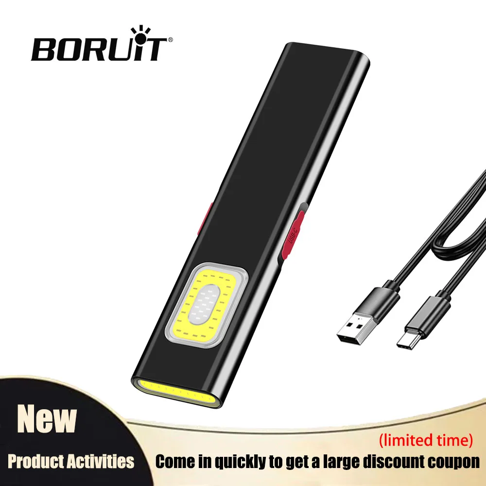 BORUiT Tragbare LED-Taschenlampe mit Magnet, wiederaufladbare Typ-C-Arbeitsleuchte mit Clip, wasserdichte Taschenlampe für Outdoor-Camping, Wandern