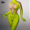 Mode Weiß grün frauen Overall langarm handschuhe strass sexy club Party Tragen Dance Sänger Bühne Leistung Kostüme