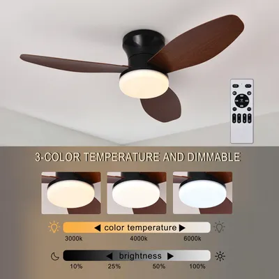 34.6'' Ceiling Fan with Light and Remote, LED Ceiling Fan with 3 Fan Blades, for Indoor Bedroom Living Room Dining Room Kitchen