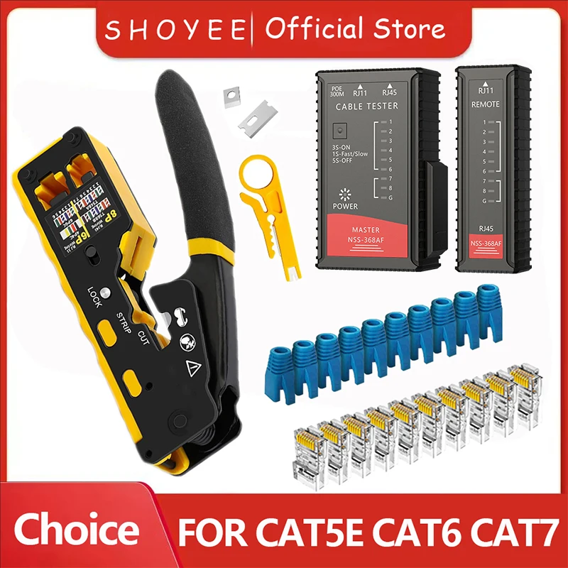 RJ45 Crimp Tool Kit Pass Through Cat6 Crimpzange für Cat5 Cat5e Cat6 8P8C Stecker, All-in-One Ethernet Crimper Image