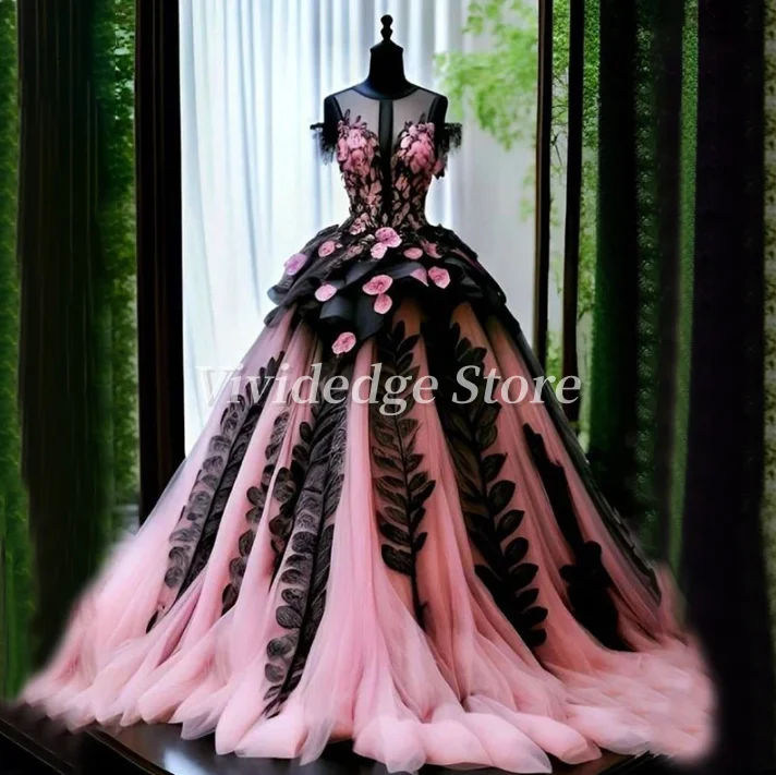 Maßgeschneiderte elegante schwarz-rosa lange Brautkleider, Tüll, O-Ausschnitt, bodenlang, Ballkleider 2025, Brautkleider, formelle Abendparty