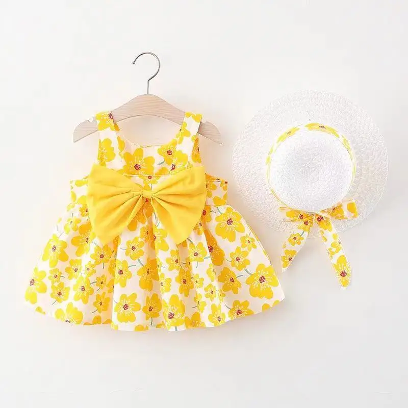 Sommer Mädchen Kleidung Süße Baby Einteilige Kleider Hosenträger Gänseblümchen Gedruckt Sommerkleid Mit Hut Für Kleinkinder Urlaub Kleid Image