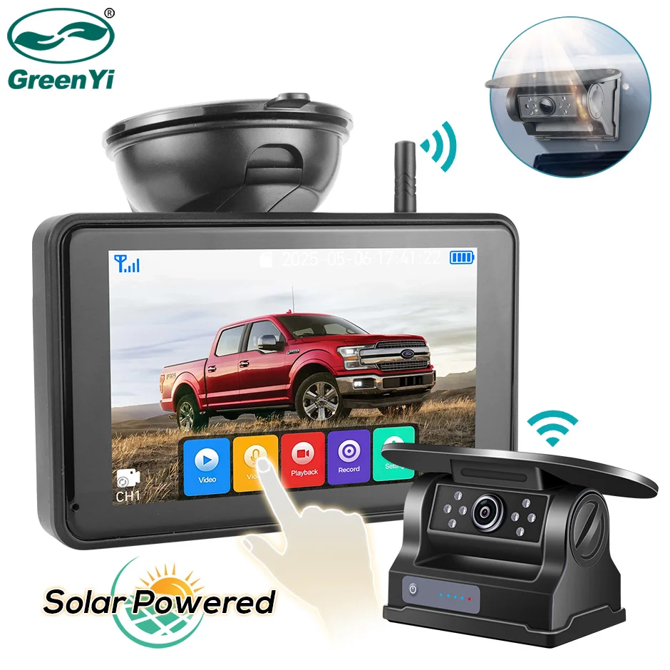 GreenYi Drahtlose solarbetriebene Energiemagnet-Rückfahrkamera mit AHD 5-Zoll-Rückfahrmonitor für Wohnmobil, LKW, Anhänger, Wohnmobil Image