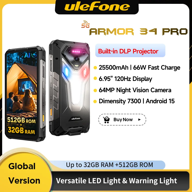 Ulefone Armor 34 Pro 5G AI 25500mAh Rugged Phone Smartphone Android 15 32GB+512GB Built-in DLP Projector 6.95