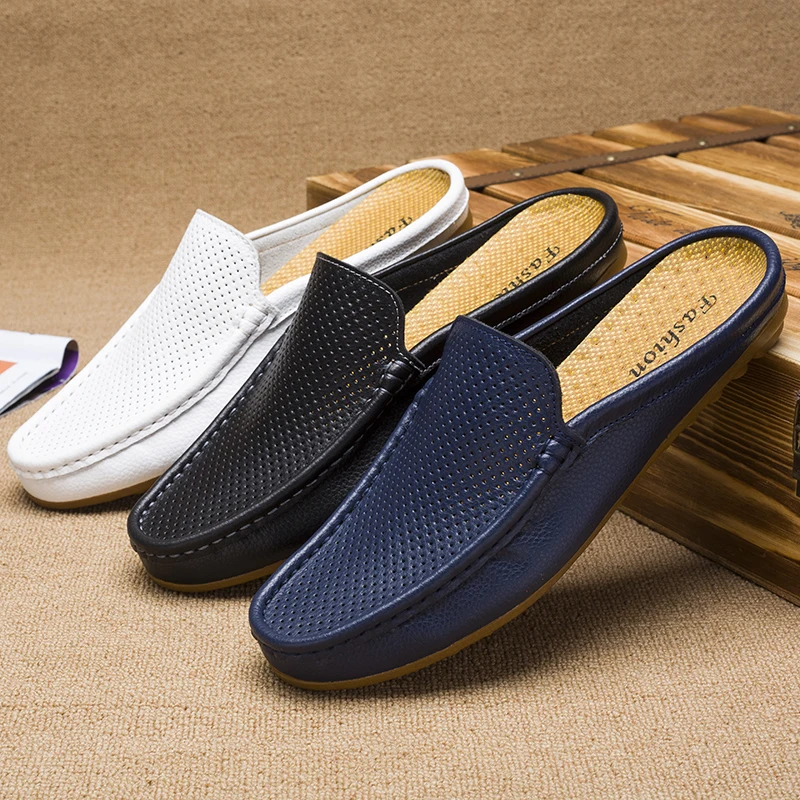 Italienische Männer Hausschuhe Hohl Leder Loafer Mokassins Sommer Im Freien Nicht-slip Schwarz Männer Casual Rutschen Trendy Fahren Faul Schuhe