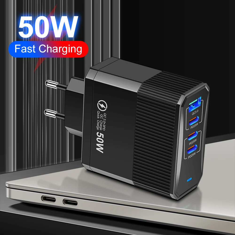 Insgesamt 100 W 4 Ports TypeC Ladegerät Schnellladung QC3.0 Reiseladegerät für iPhone Samsung Xiaomi Huawei Wand EU/US/UK Steckeradapter Image