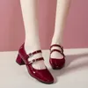 2024 frühling Herbst Frauen Doppel Schnalle Mary Janes Patent Leder Kleid Schuhe High Heels Pumps Retro Damen Schuh Schwarz Rot