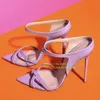 Spitze Leder High Heel Sandale Frauen Lila Spitzschuh Stiletto Heel Slingback Slip On Mules Elegante Party Kleid Schuhe